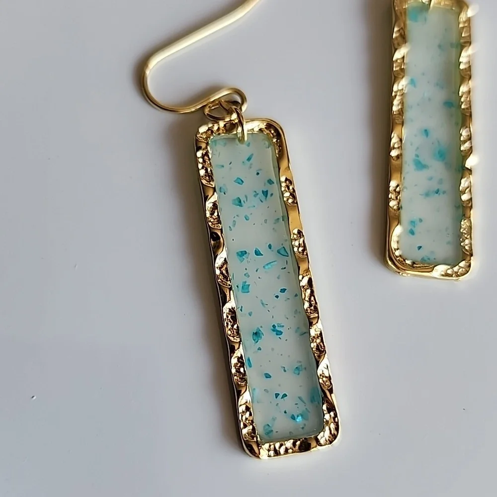 GOLD Framed Acrylic translucent  Blue bar SPARKLE earrings - Picture 2 of 4